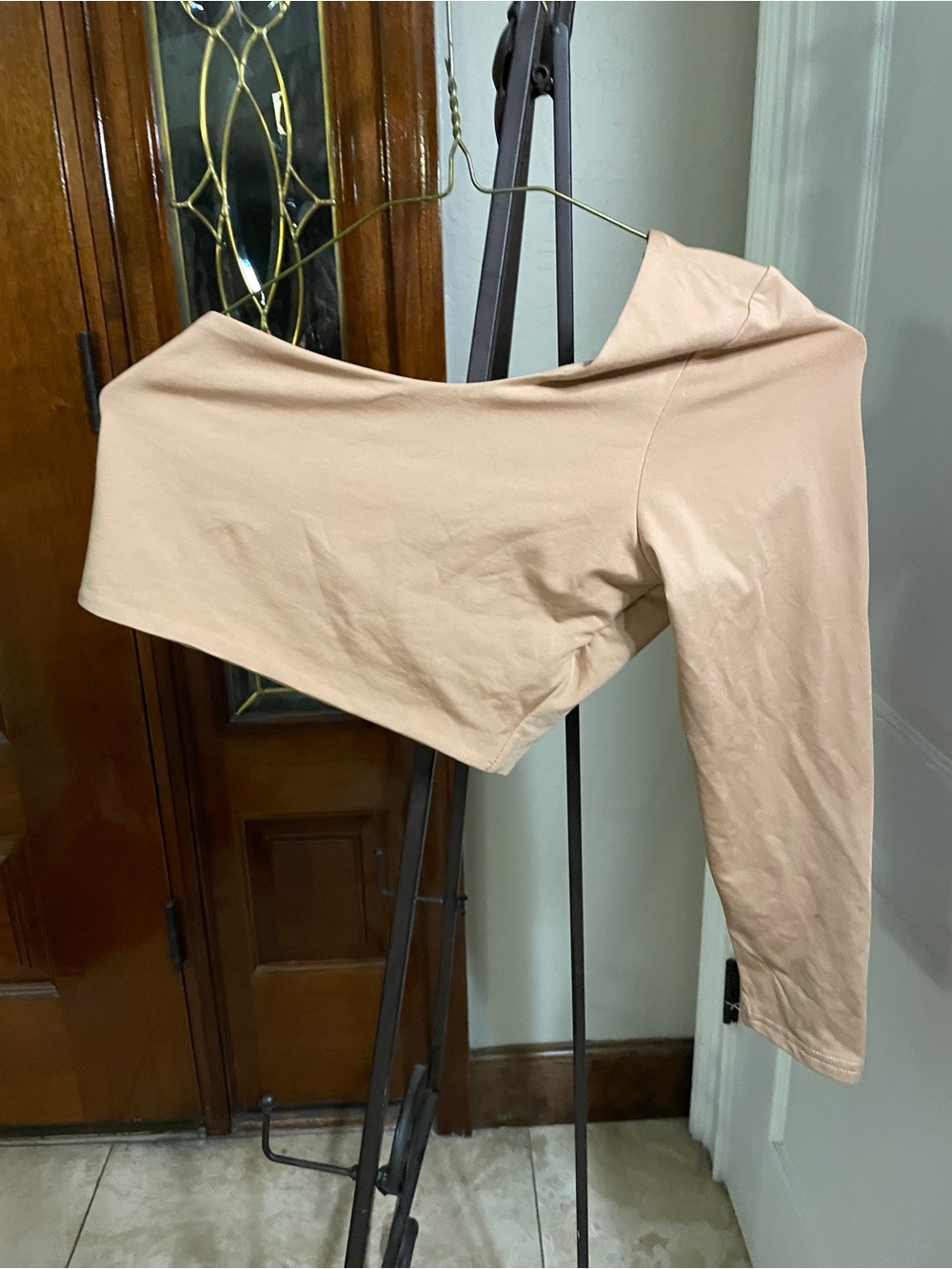 Off-Shoulder Asymmetrical Open Shoulder Hot  Long Sleeve Crop Top in Nude S